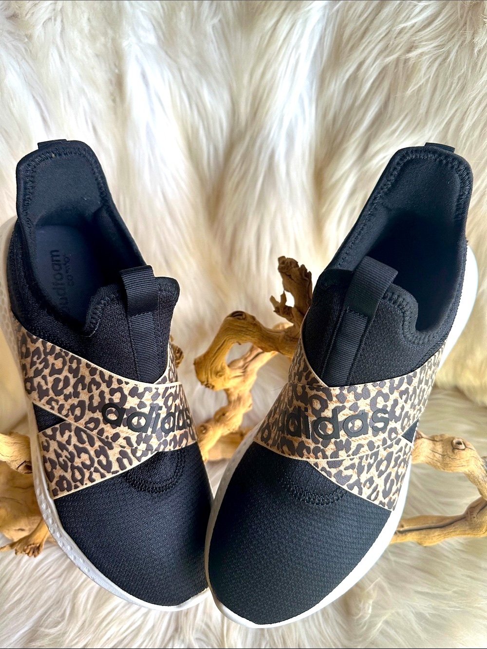 adidas Black Slip-On Sneakers with Leopard Print Strap/9.5 / Like New